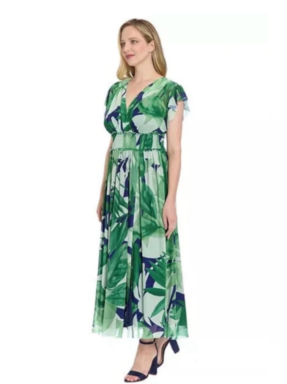 London Times Green Leaf-Print V-Neck Maxi Dress with Navy Accents
